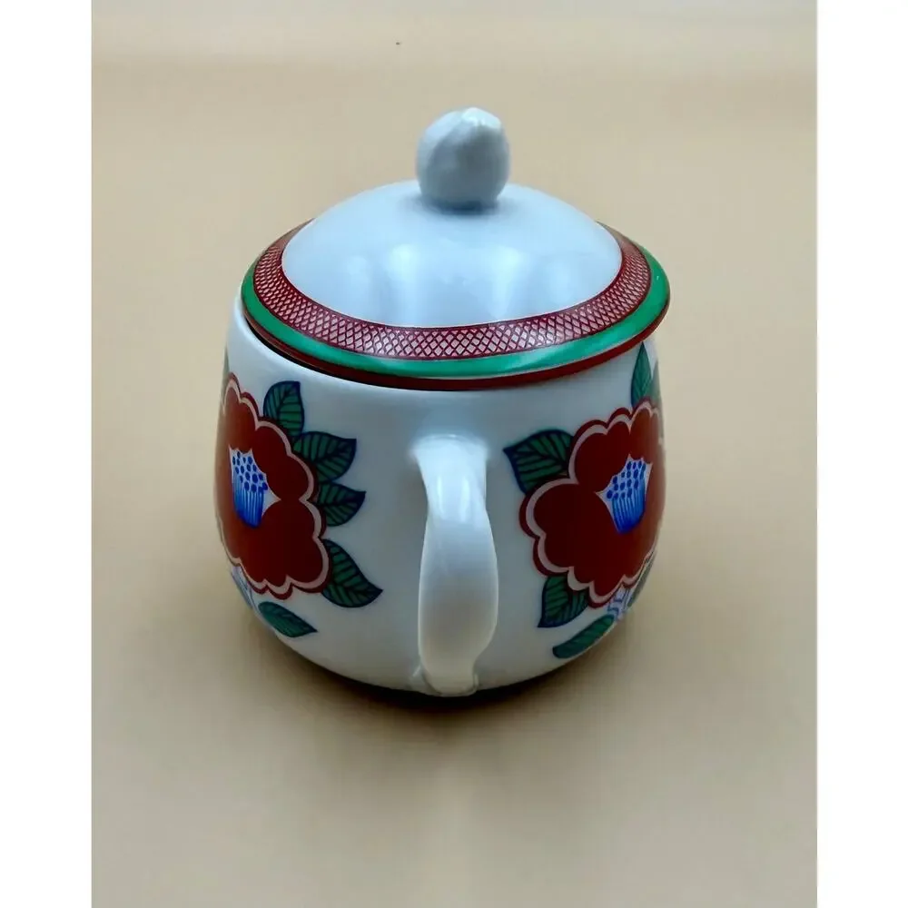 Vintage Fitz & Floyd Camellia Covered Tea Cup Lidded Mug Japan Red Floral EUC